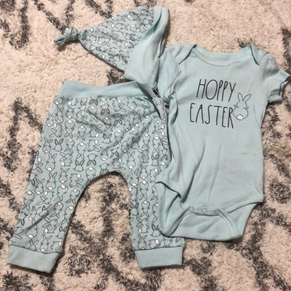 New, 3-6 months , Rae Dunn “Hoppy Easter” baby set. Sleeper , pants and hat.